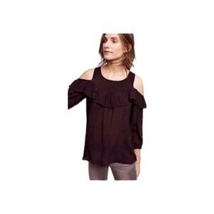 Maeve Anthropologie Top Womens Sz:4 Black Cold Shoulder Ruffled Long Sleeve